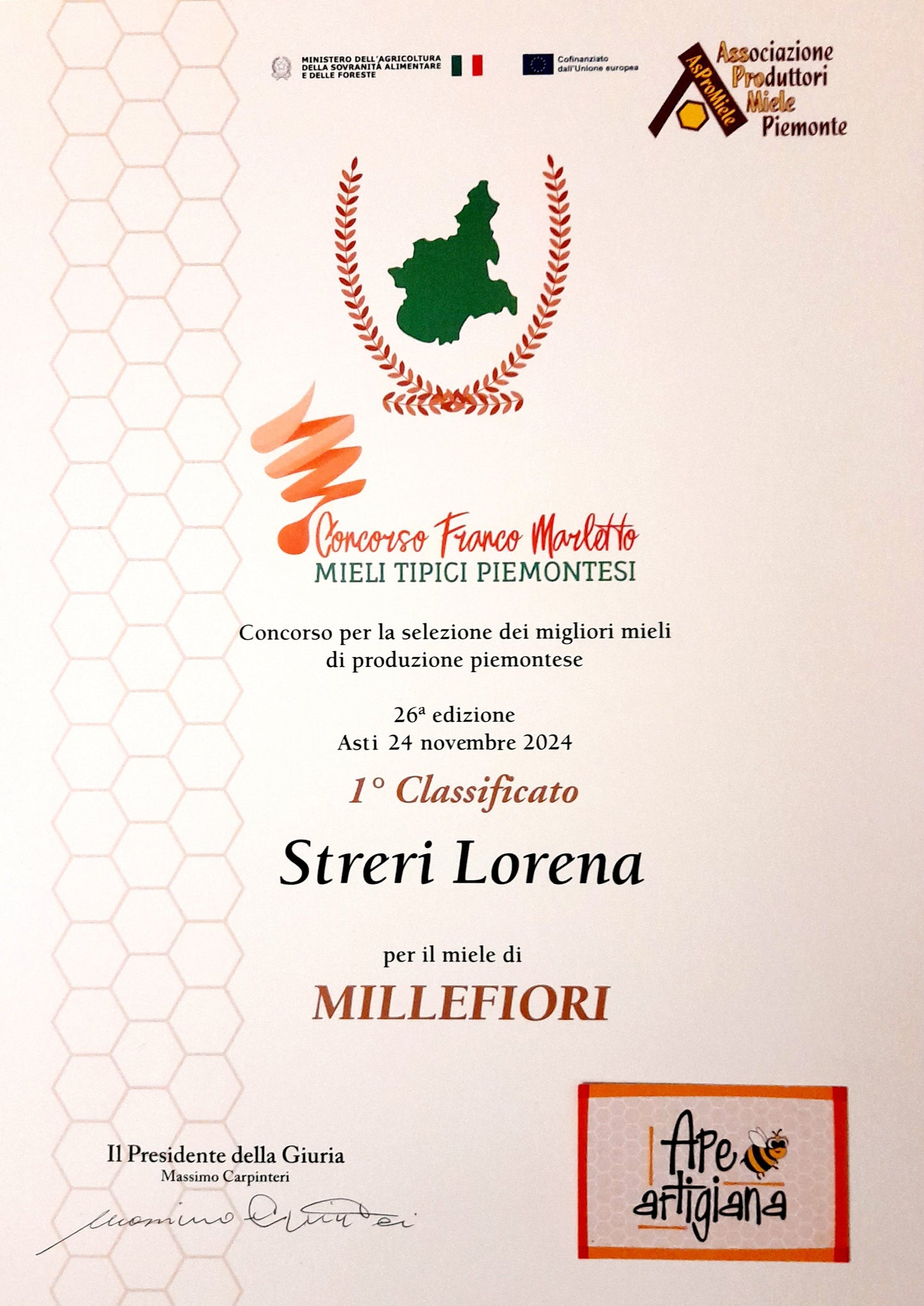 [010] Miele Millefiori - PRIMO PREMIO al Concorso "Mieli Tipici Piemontesi Franco Marletto" 2024